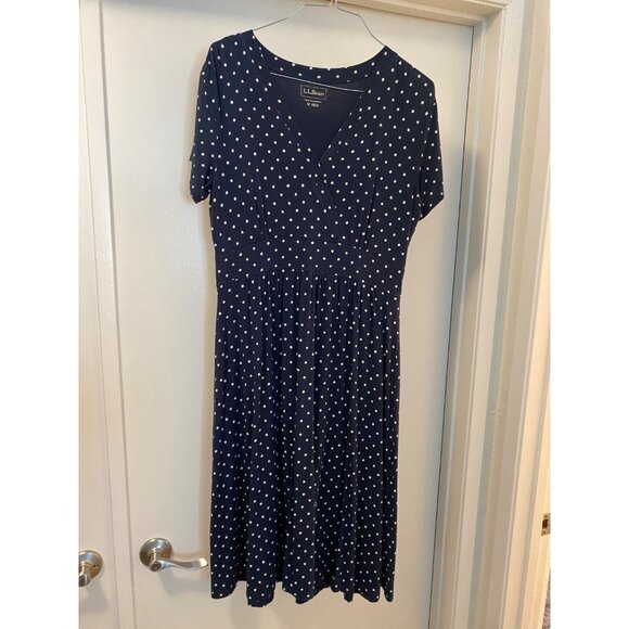 LL Bean Women Classic Dress Navy Blue & White Polka Dot  V-Neck Lg - Picture 4 of 12